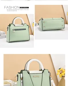 Detailed views of light green PU leather handbag with metal feet and brand logo