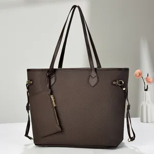 Dark brown woven tote bag set with large shoulder bag and small matching pouch