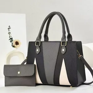 Three-color contrast large tote bag with matching pouch and detachable shoulder strap