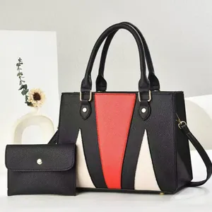 Geometric Color Block Handbag Set Large Capacity Lychee Pattern PU Leather Shoulder Bag Elegant Commuting Bag For Women