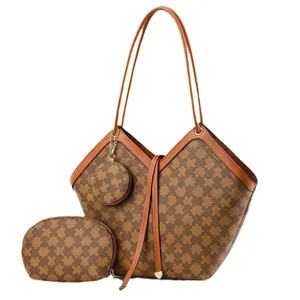 Three-piece Korean style heart checkerboard tote bag with matching pouches and tassels