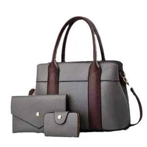 Ensemble 3 pièces sac à main gris texture litchi avec portefeuille et porte-monnaie