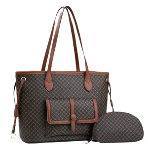 Brown geometric patterned tote bag 3-piece set with crossbody pouch and coin purse