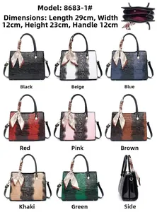 Detailed grid view of eight colorful crocodile pattern tote bags with scarf handles