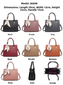 Detail display of 8683 small square handbag in seven colors with silk scarf handles