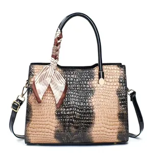 Large capacity crocodile texture tote bag in beige and brown PU leather with silk scarf