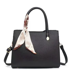 Women Litchi Grain PU Leather Handbag With Satin Scarf Elegant Solid Color Shoulder Crossbody Bag For Office Daily Travel