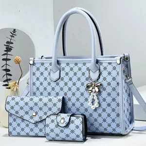 Ensemble de sacs fourre-tout bleu clair 3 pièces avec motif floral et portefeuille