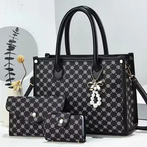 Sac Cabas Femme En Cuir PU Avec Monogramme Floral Et Sac À Main Et Porte-Cartes Avec Charme De Noeud En Künstliche Perle
