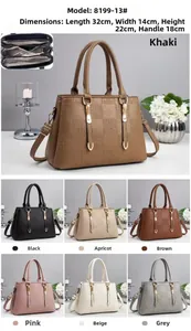 Detail view of seven colored textured leather handbags showing dimensions and internal layout