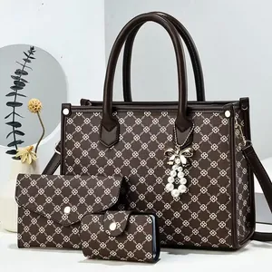 Set de 3 sacs à main marron pour femme avec motif géométrique et nœud en perles