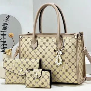 Ensemble 3 pièces de sac cabas beige à motif trèfle marron avec bandoulière amovible