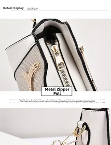Dettaglio della cerniera dorata lucida e dei ganci metallici su una borsa beige