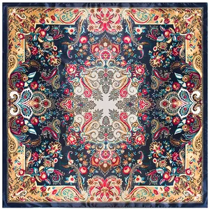 90x90cm Bohemian Paisley silk scarf with navy border and intricate floral patterns