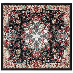 Black and beige paisley floral silk scarf for women in 90x90cm bohemian square design