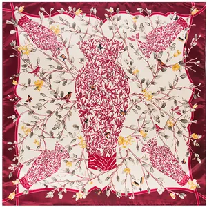 Seidenschal 90x90cm mit Blumen, Vögeln, Vasen-Motiv und elegantem tiefrotem Rand