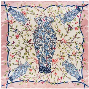 90x90cm Seidenschal mit blauem Porzellanvasen-Muster und rosa Rand für Damen