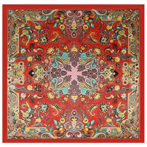 90x90cm red Bohemian Paisley silk scarf featuring colorful floral patterns