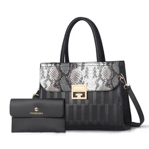 Elegante set di borse da donna in pelle intrecciata nera e stampa serpente grigia