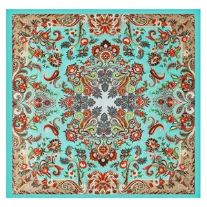90x90cm Bohemian paisley silk scarf with mint green border and floral pattern