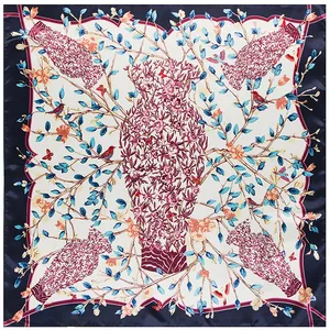 90 cm quadratisches Seidentuch mit Vintage-Blumenvasen- und Vogelmuster und blauem Rand