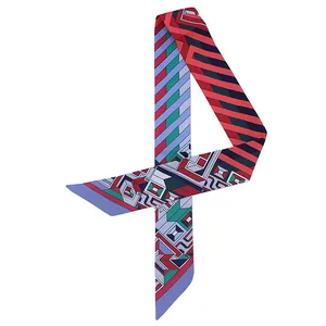 Narrow silk twilly scarf with bold geometric stripes and patterns for handbag handles