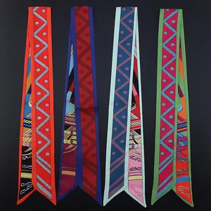 Women Retro Satin Skinny Scarf Geometric Equestrian Printed Narrow Scarf For Bag Handle Neck Tie Hair Band Elegant Twilly Accessory