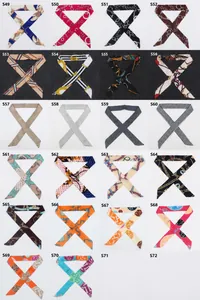 Collage of 22 different patterns of narrow satin twilly scarves with geometric prints
