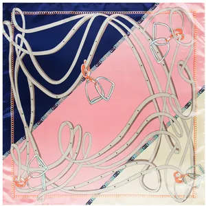 Women's Elegant Satin Square Scarf Equestrian Horse Bit Chain Belt Pattern Vintage Silk Feeling Large Shawl Scarf Accessory