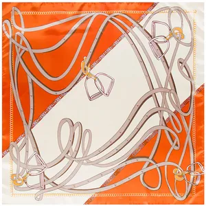 90cm silk scarf with classic orange equestrian harness, leather straps and chain print