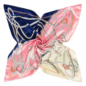 Elegant 90x90cm satin square scarf featuring classic chain belt prints in navy and pink