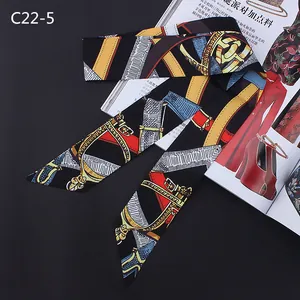 Multifunctional silk-like scarf with equestrian chain print for handbags or hair styling