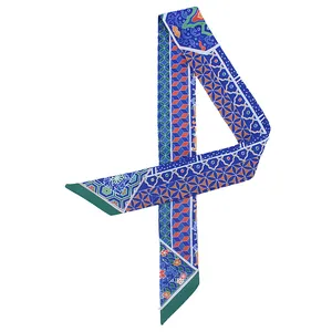 Colorful geometric printed twilly silk scarf with mosaic patterns for bags and hair