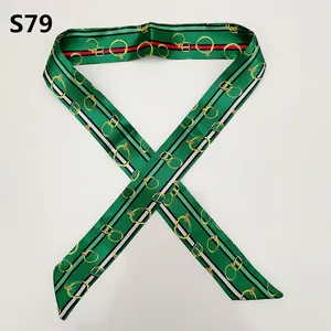 Detail of green silk-like twilly scarf with gold buckle pattern and striped accents