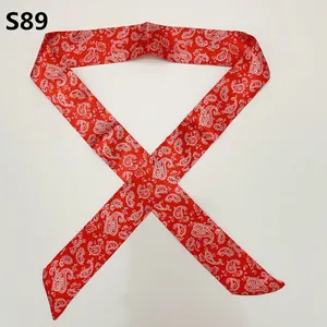 Red paisley satin skinny scarf for handbags with classic white patterns on white background