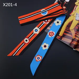 Fashionable 120cm floral silk-like scarf with orange and blue geometric patterns