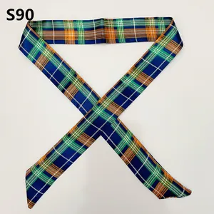 Elegant plaid silk twilly scarf in navy blue with green and orange check patterns