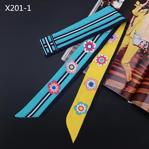 Fashion 120cm blue floral satin skinny scarf twilly for women handbags and hair styling