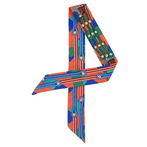 Elegant chain print twilly scarf featuring vibrant orange and blue geometric rope patterns