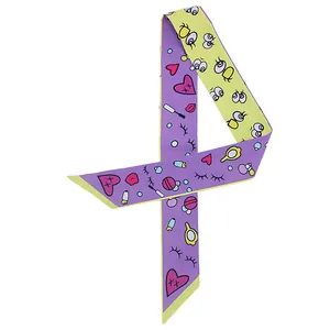 Women's Pop Art Cartoon Printed Double Sided Satin Twilly Scarf Narrow Hair Band Bag Handle Wrap Accessory Decorative Headband