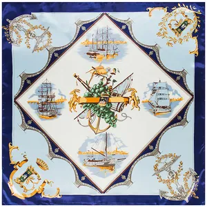 90cm large square silk scarf with vintage nautical sailing boat and anchor patterns