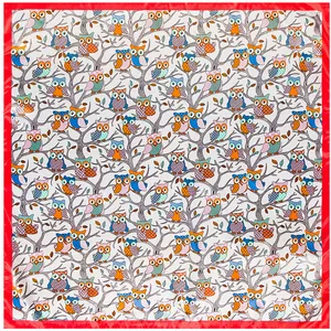 90x90cm silk scarf with vibrant red borders and colorful cartoon owl patterns