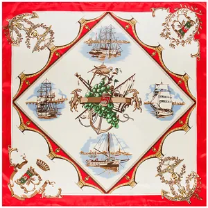 French vintage silk scarf with nautical sail boat print and red borders 90x90cm