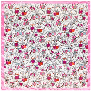 Silk-like 90cm square scarf with colorful owl print and elegant pink satin border
