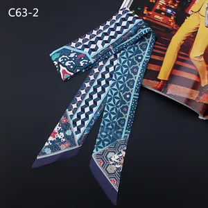 Sciarpa twilly in seta blu con motivo geometrico per manico di borsa e capelli