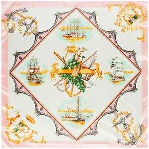 Elegant 90x90cm silk-like square scarf featuring vintage sailing boat and anchor patterns