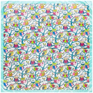 90x90cm silk scarf with colorful cartoon owl print and light blue satin border