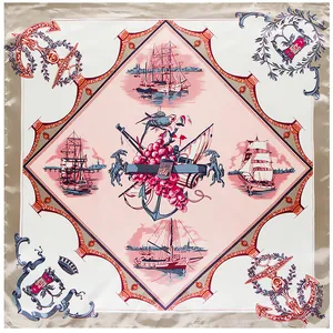 Elegant 90cm square silk scarf with vintage sailing boat print and champagne gold borders