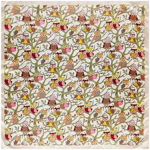 90x90cm silk-like square scarf featuring colorful cartoon owl prints on a cream base