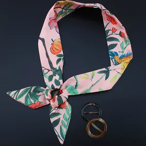 Floral pink silk scarf with green leaves and premium round resin scarf ring buckle